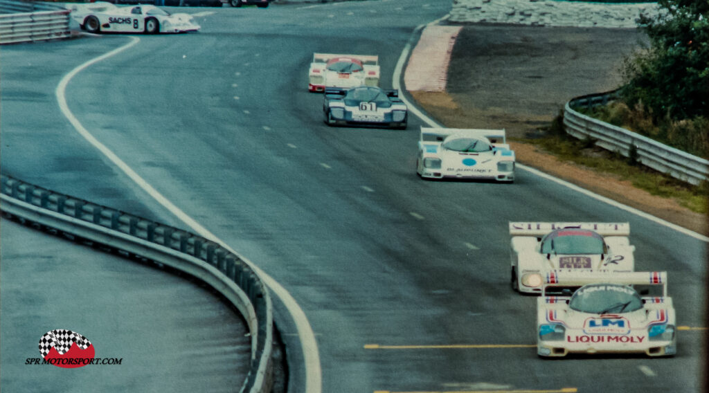 Liqui Moly Equipe, Porsche 956 (14) / TWR, Silk Cut Jaguar XJR-6 (52) / Blaupunkt Joest Racing, Porsche 956B (7) / Kouros Racing, Sauber Mercedes C8 (61) / Brun Motorsport, Porsche 962C (18).