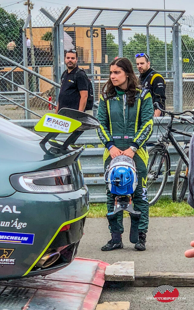 Jamie Chadwick after crashing her Aston Martin in the Aston Martin Festival.