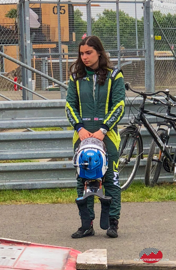 Jamie Chadwick after crashing her Aston Martin in the Aston Martin Festival.