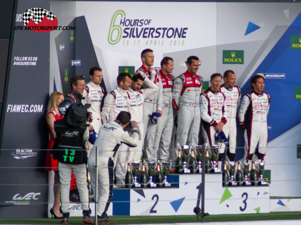 Ralf Juttner, Audi Sport Team Joest.  Marc Lieb / Romain Dumas / Neel Jani, Porsche Team. André Lotterer / Marcel Fässler / Benoit Tréluyer, Audi Sport Team Joest. Mike Conway / Stéphane Sarrazin / Kamui Kobayashi, Toyota Gazoo Racing.