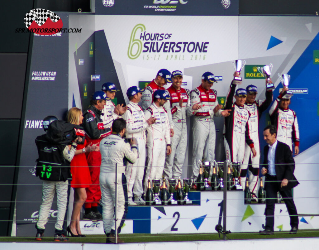 Ralf Juttner, Audi Sport Team Joest.  Marc Lieb / Romain Dumas / Neel Jani, Porsche Team. André Lotterer / Marcel Fässler / Benoit Tréluyer, Audi Sport Team Joest. Mike Conway / Stéphane Sarrazin / Kamui Kobayashi, Toyota Gazoo Racing. Pierre Fillon, President of the ACO.