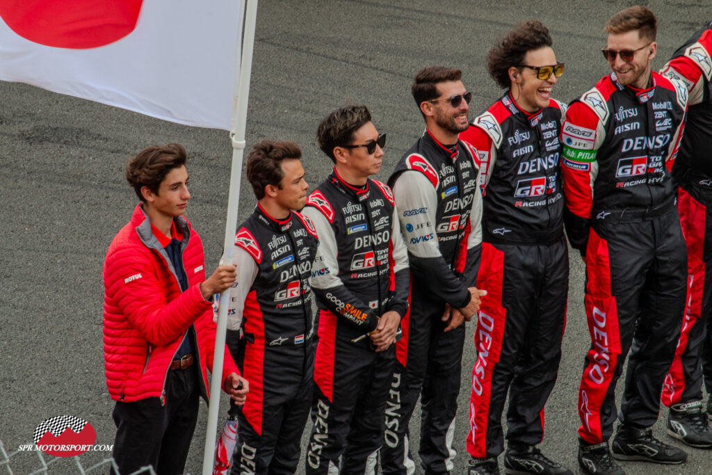 Nyck de Vries, Kamui Kobayashi and Jose Maria Lopez. Toyota Gazoo Racing, Toyota GR010-Hybrid #7.